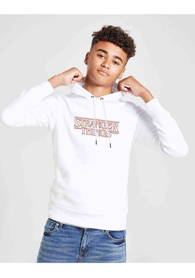 Tshirthane Stranger Things Kırmızı Logo Baskılı Unisex Çocuk Kapüşonlu Beya Beyaz