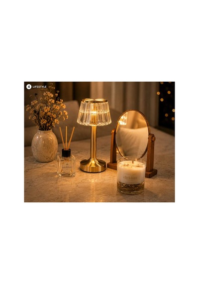 Doğum Günü, Özel Gün, Yeni İş, Yeni Ev Hediyesi Kristal Masa Lambası, Makyaj Aynası, Mum Ve Oda Kokusu Premium Hediye Set