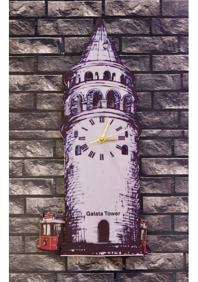 Nostalji Sallanan Sarkaçlı Galata Kulesi Duvar Saati Çok Renkli