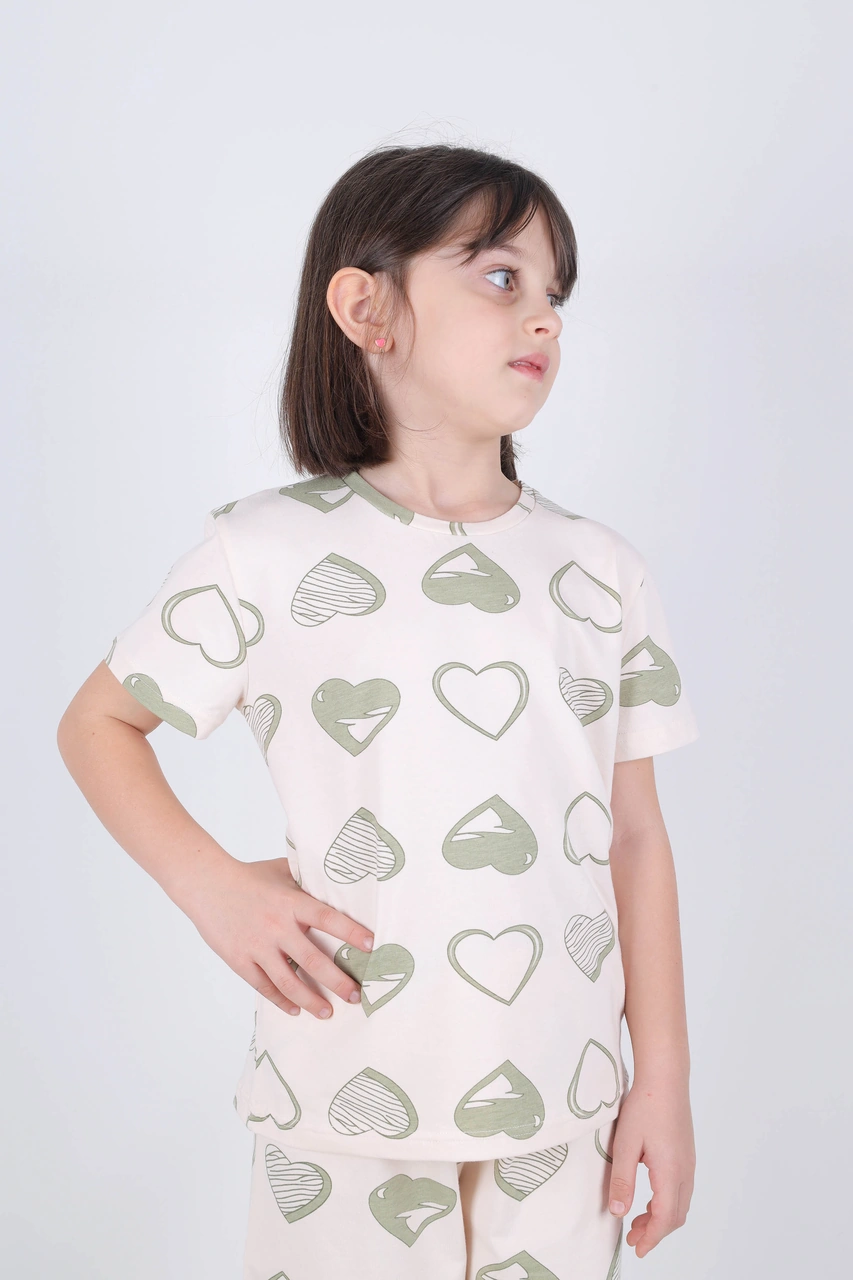Kız Çocuk Pamuklu Kalpli Desenli Pijama Takımı Kc30102 Ekru - Yeşil