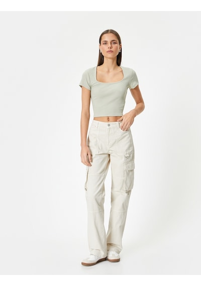 Koton Sırt Dekolteli Tişört Crop Kısa Kollu Fitilli Slim Fit Haki 4sal10804ık Haki
