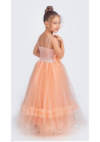 Mnk Baby & Kids Uzun Etekli , Askılı Kız Cocuk Gül Motif Abiye Elbise M00670 SOMON