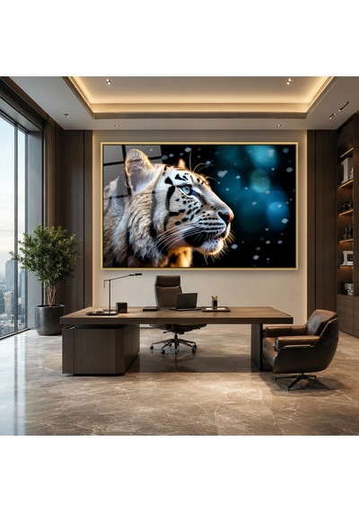 Bokeh Işıklı Beyaz Kaplan Profili Gold Çerçeveli Cam Tablo