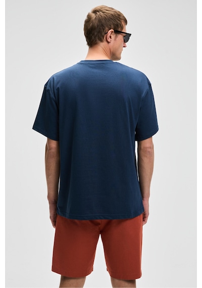 Grımelange FEON Erkek Oversize Geniş Kesim %100 Organik Pamuk Kalın Dokulu Yuvarlak Yaka Lacivert T-Shirt