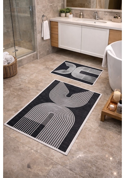 Modern Çizgili Çerçeve Banyo Paspası Kaydırmaz Tabanlı Yumuşak 2 Li Set Gri