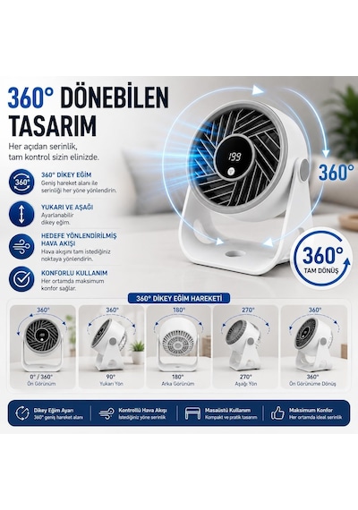 Masaüstü Usb Fan, 200 Kademeli Dijital Hız Ayarlı Mini Vantilatör, Type-c Şarjlı, Led Ekranlı, Sessiz Çalışma