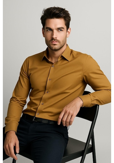 Efor Slim Fit Pamuk Saten Klasik Taba Gömlek Gk 624 Taba