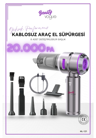 Beauty Vogue Araç İçi Süpürge 4ın1 20.000 Pa Emiş Güçlü Üflemeli Şarjlı Mini Araba El Süpürgesi Hl121 Pro