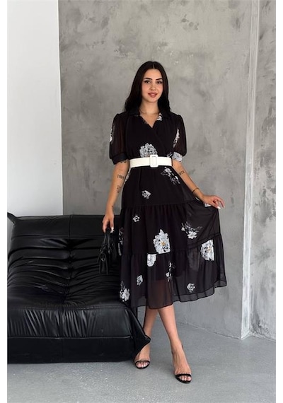 Dip Moda Kadın Kemerli Gömlek Yaka Desenli Şifon Elbise Nbq011 Siyah