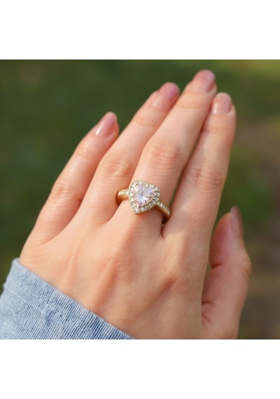 S'82 Ayarlanabilir Model Kadın Çelik Yüzük Toptan Çelik Takı, Pembe Zirkon Taşlı Gold Renk Bzs82