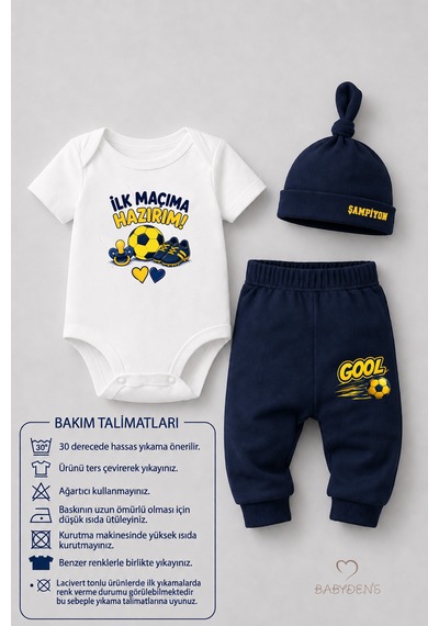 Babyden's Bebek 3'lü Takım Sarı Lacivert Taraftar Temalı Kısa Kol %100 Pamuk Yenidoğan Seti İlk Maçıma Hazırım