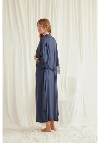 Ang Butik Kadın Dekolteli Yakası Ve Kolu Dantelli Sabahlık Takımı Lacivert