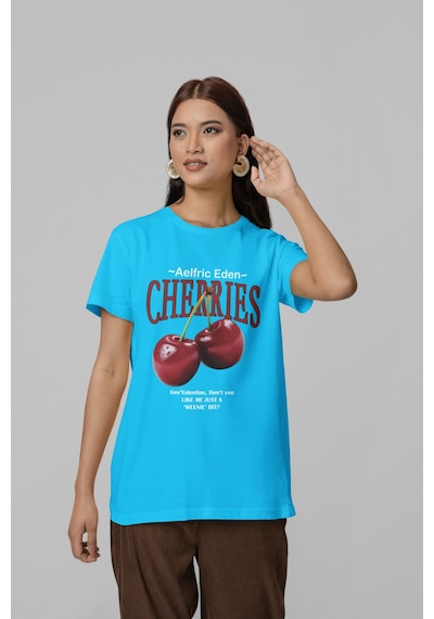 Nevermind Unisex Erkek/kadın Cherrıes Özel Baskılı Oversize Pamuklu Bisikle Mavi