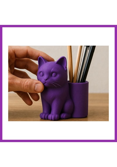 Bezos 3d Baskı Kedi Figürlü Kalemlik - Masaüstü Organizer - Mor Bty