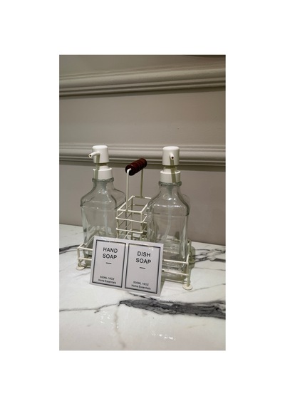 Buççin Online Mağaza Sabunluk - Metal Standlı Ahşap Saplı 2 500 Ml - Beyaz Cam Beyaz Çok Renkli