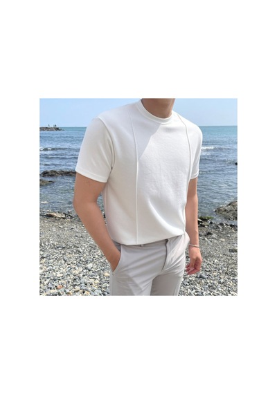 Cool Tarz Beyaz Erkek Yuvarlak Yaka 2 Çizgili Örme T-shirt Beyaz Beyaz