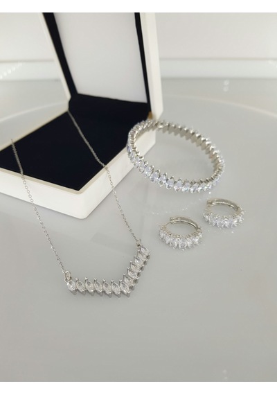 Gümüş Rengi Parlak Taşlı Takı Seti Gümüş - Rose Gold
