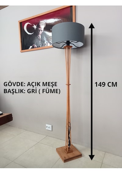Açık Meşe Ahşap Köşe Lambası-gri Başlıklı Lambader