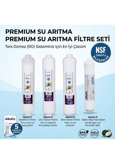 Alkalix 5 Aşamalı Premium Su Arıtma Filtre Seti - Nsf Onaylı Hindistan Cevizi Karbonlu Ters Ozmoz Ro Uyumlu Ev Tipi Su Filtresi Membransız -