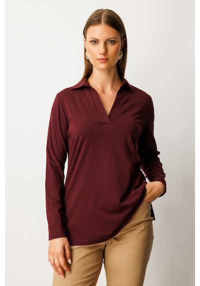 On Kadın Büyük Beden Polo Yaka Basic Bluz 61332 Bordo Bordo