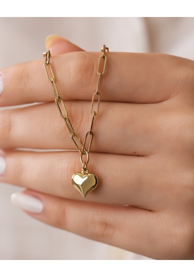 Debora Jewelry 14 Ayar Altın Pullu Ataç Çift Zincir Kalp Kolye