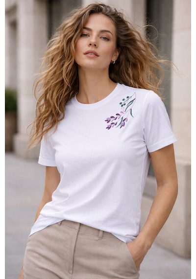 Yubistitch Tshirt Nakış İşlemeli Lavanta-1- Penye-beyaz