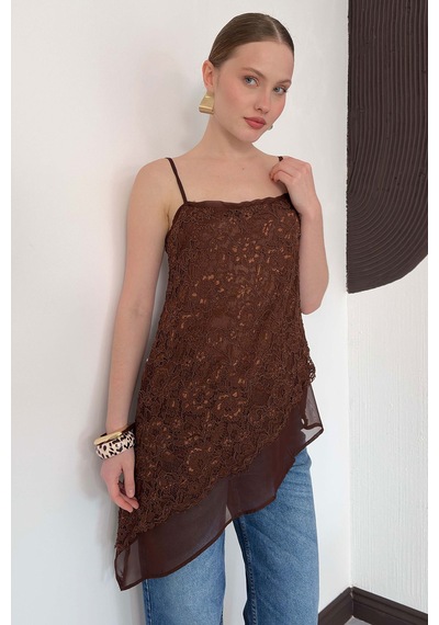 Verymoda Asimetrik Dantel Askılı Bluz D2935 Kahve