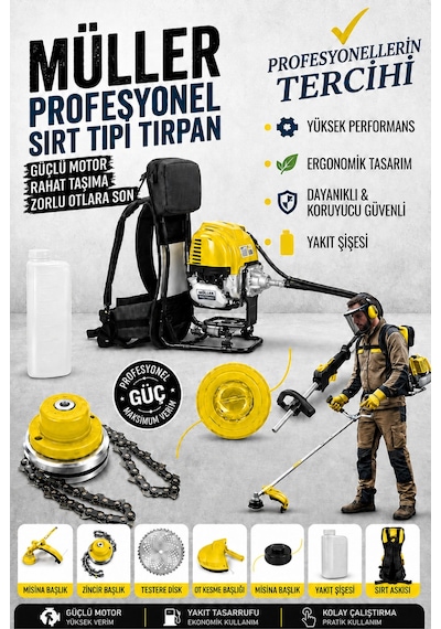 Pro Müller Profesyonel Çelik Piston Sırt Tipi Benzinli Tırpan Ot Çalı Çim Biçme Makinesi + Canavar  Başlık