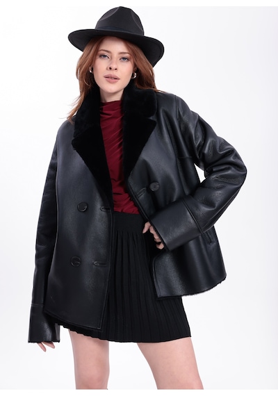 M M Marki Marki Hakiki Deri Kadın Mont Siyah İçi Kürklü Kruvaze Düğmeli Blazer Model 70 Cm - 120622