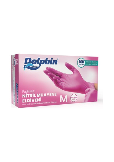 Dolphin Tek Kullanımlık Pembe Nitril Eldiven - Muayne Eldiveni Medium Orta Boy - 100'lü 20 Paket