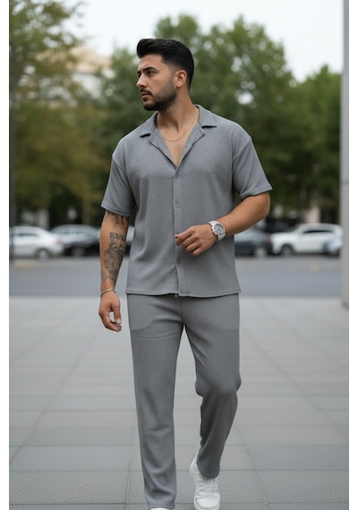 Fifty Color Unisex Trend Bürümcük Krinkıl Kumaş Yazlık Likralı Kısa Kol Gömlek Ve Eşofman Takım Gri