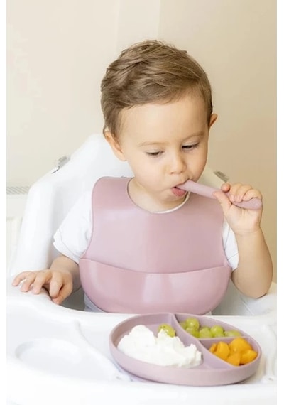 Pembe 3 Lü Silikon Yemek Seti Önlük + Diş Kaşıyıcılı Kaşık + Vakumlu Tabak Renkli