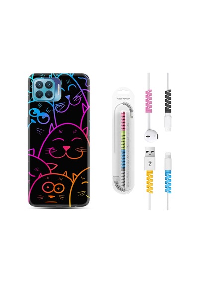 Oppo Reno 4 Lite Kılıf Kablo Koruyuculu Neon Cats 1790
