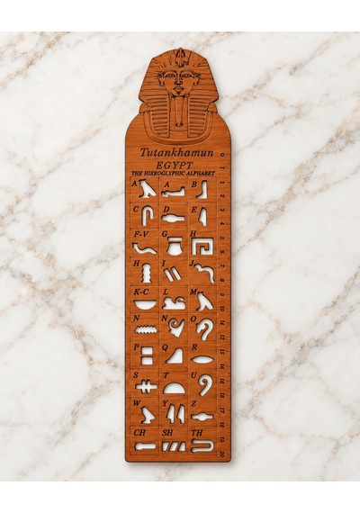 Antik Mısır Hiyeroglif Harf Oymalı Cetvel Kitap Ayracı - Parlak Doğal Ahşap Key Of Life Açık Kahverengi