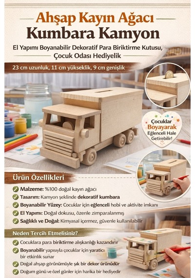 Ahşap Kumbara Kamyon El Yapımı Boyanabilir Dekoratif Para Biriktirme Kutusu, Çocuk Odası Hediyelik Diğer