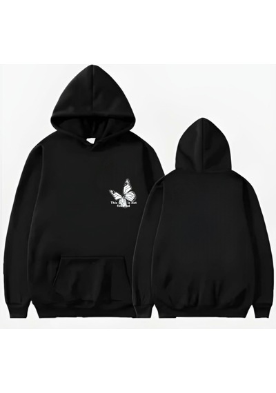 Startmore Kelebek Baskılı Kapişonlu Sweat Siyah