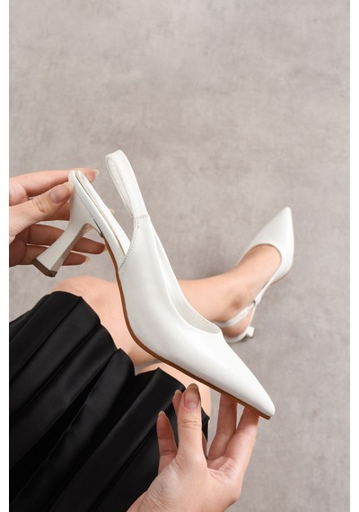 Dabab Shoes Kadın Beyaz Cilt Sade Arkası Açık Sivri Burun İnce Topuklu Ayakkabı