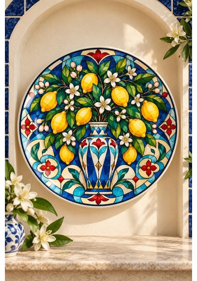 Dekoratif Duvar Tabağı Limonlu Vitray Bahçesi Dekorlu Seramik Tabak Metalik