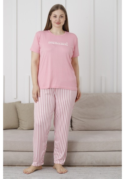 Wordex Mirano 3503 Çizgili Pijamalı Kısa Kollu Büyük Beden Pegasus Kumaş Kadın Pijama Takımı Pembe