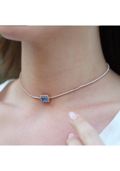 Aquamarin Taşlı Rose Gold Kaplama Choker Gümüş Kolye Gümüş