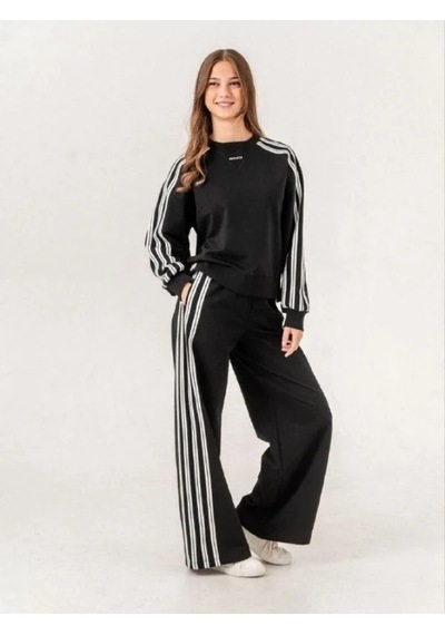 Kız Çocuk 2 İplik 3 Şeritli Sweatshirt-14938 Siyah