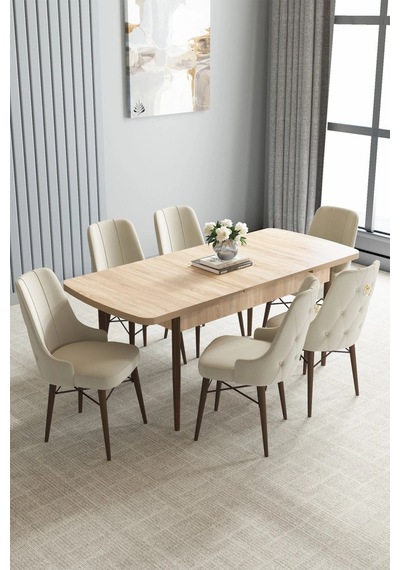 Zümra Serisi, Meşe Desen 80x132 Açılabilir Mdf Mutfak Masası Takımı 6 Adet Sandalye, Krem Zümra Serisi, Meşe Desen 80x132 Açılabilir Mdf Mutfak Masası Takımı 6 Adet Sandalye, Krem