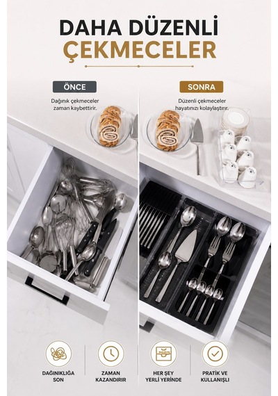 Çekmece İçi Bıçaklık Organizer Bölmeli Mutfak Düzenleyici Siyah S-11029