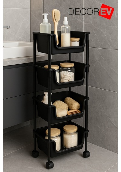 4 Katlı Tekerlekli Plastik Organizer Raf Çok Amaçlı Mutfak, Banyo Ve Ofis Düzenleyici Siyah Dc-6824 Beyaz