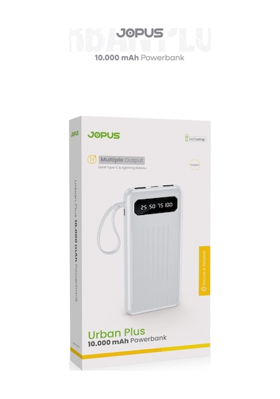 10000mah Powerbank Dahili Kablolu, Lcd Ekranlı, Led Lambalı, Taşınabilir Şarj Cihazı Beyaz