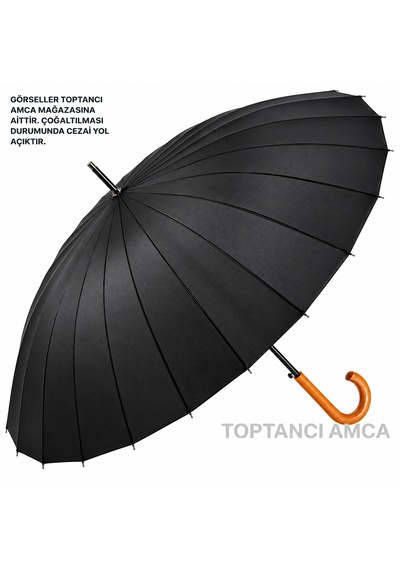 Toptancı Amca Şemsiye 24 Tel Bay Lüx Baston Ahşap Sap Sky-60 120 Cm Çap Gerçek Fiber İskelet Siyah