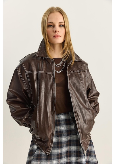 Shade Kadın Dikiş Detaylı Astarlı Beli Lastikli Cepli Oversize Suni Deri Ceket 3173 60283894 - Kahverengi Shade Kadın Dikiş Detaylı Astarlı Beli Lastikli Cepli Oversize Suni Deri Ceket 3173 60283894 - Kahverengi
