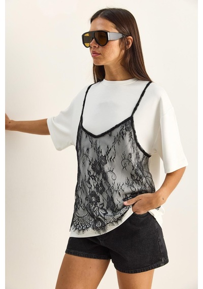Shade Kadın Dantel Detaylı Katmanlı Görünümlü Basic T-shirt 1083 60286114 - Beyaz