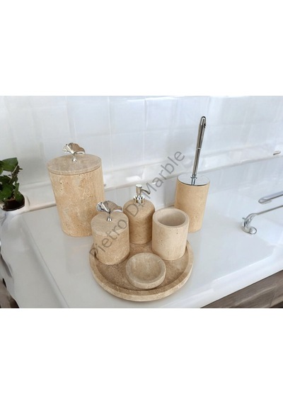 Sarı Traverten Klasik Model 7 Parça Gümüş Renk Japon Gülü Aksesuarlı Banyo Seti Sarı Traverten