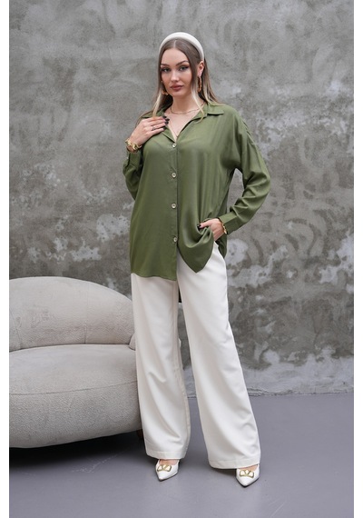 Polologin Butik Haki Yeşil Dökümlü Gömlek Haki
